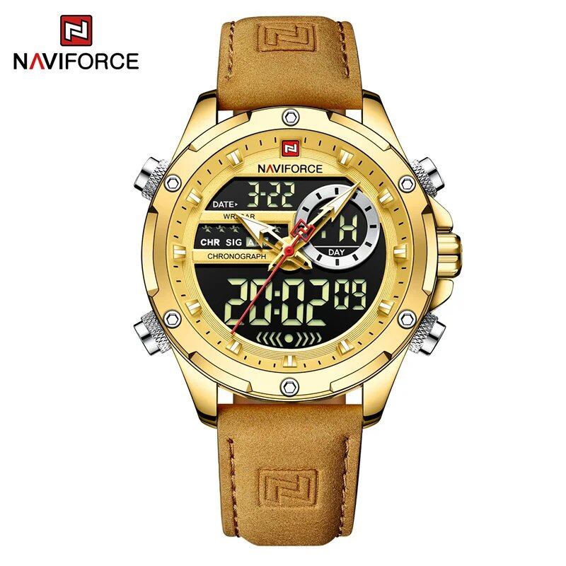 NAVIFORCE Men's Luxury Original Watch, Casual Sports Watch with Chronograph, Alarm, Quartz Movement, Leather Strap, Waterproof, Digital Watch, 9163, Color: Parallel Import