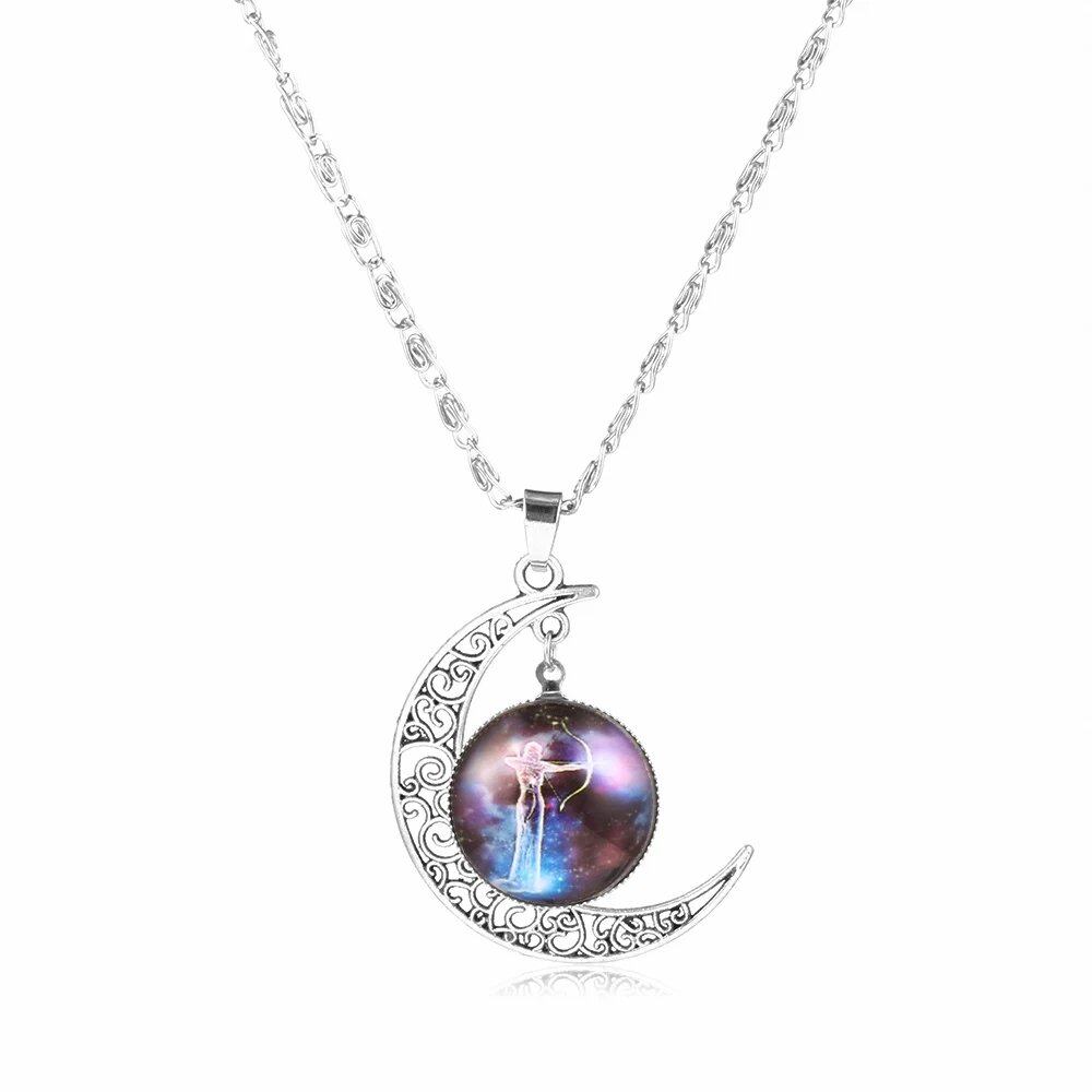 12 Zodiac Signs Glass Dome Crescent Moon Necklace for Women, Stylish Party Jewelry (Compatible with Aries, Taurus, Cancer, Aquarius, and Pisces), Metal Color, Parallel Import