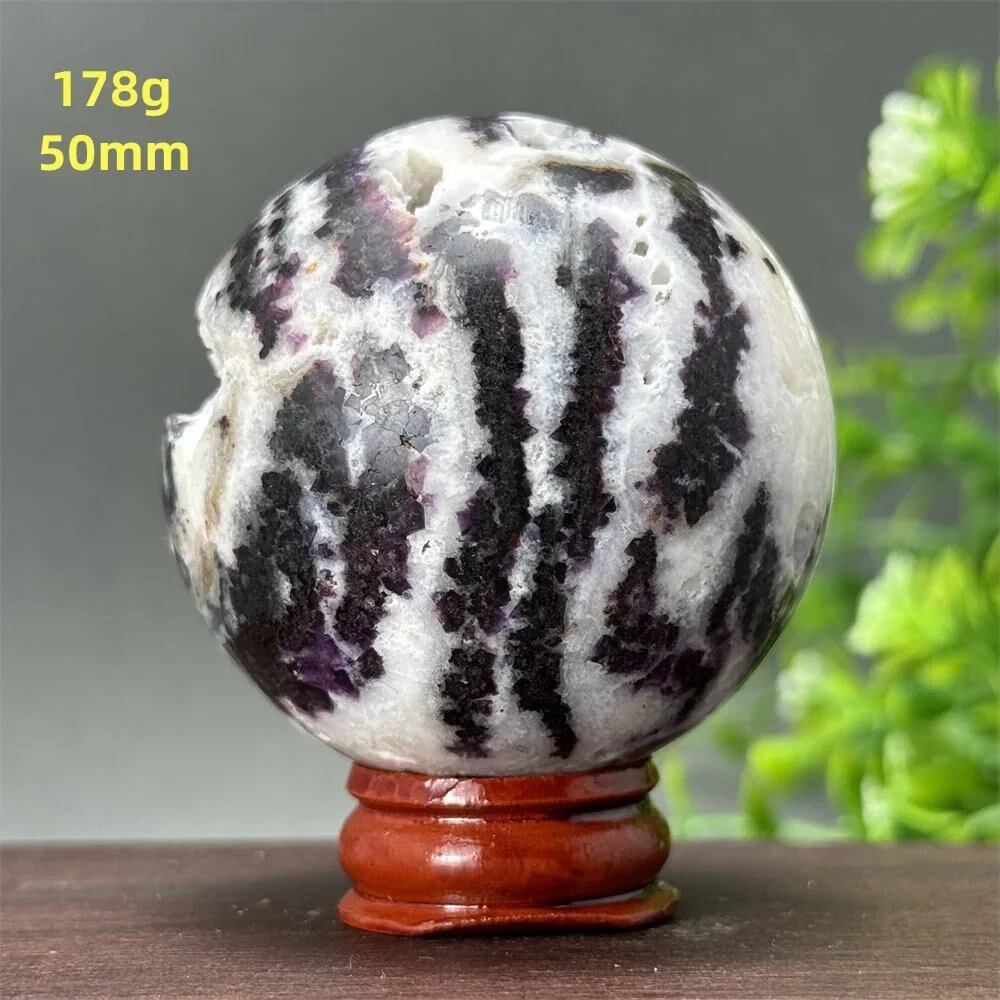 Natural Purple Zebra Fluorite Ball for Reiki Healing, Spiritual Meditation, Chakra Therapy, Magic, Ritual, Divination, Home Decoration, with Stand, Color: A, Parallel Import