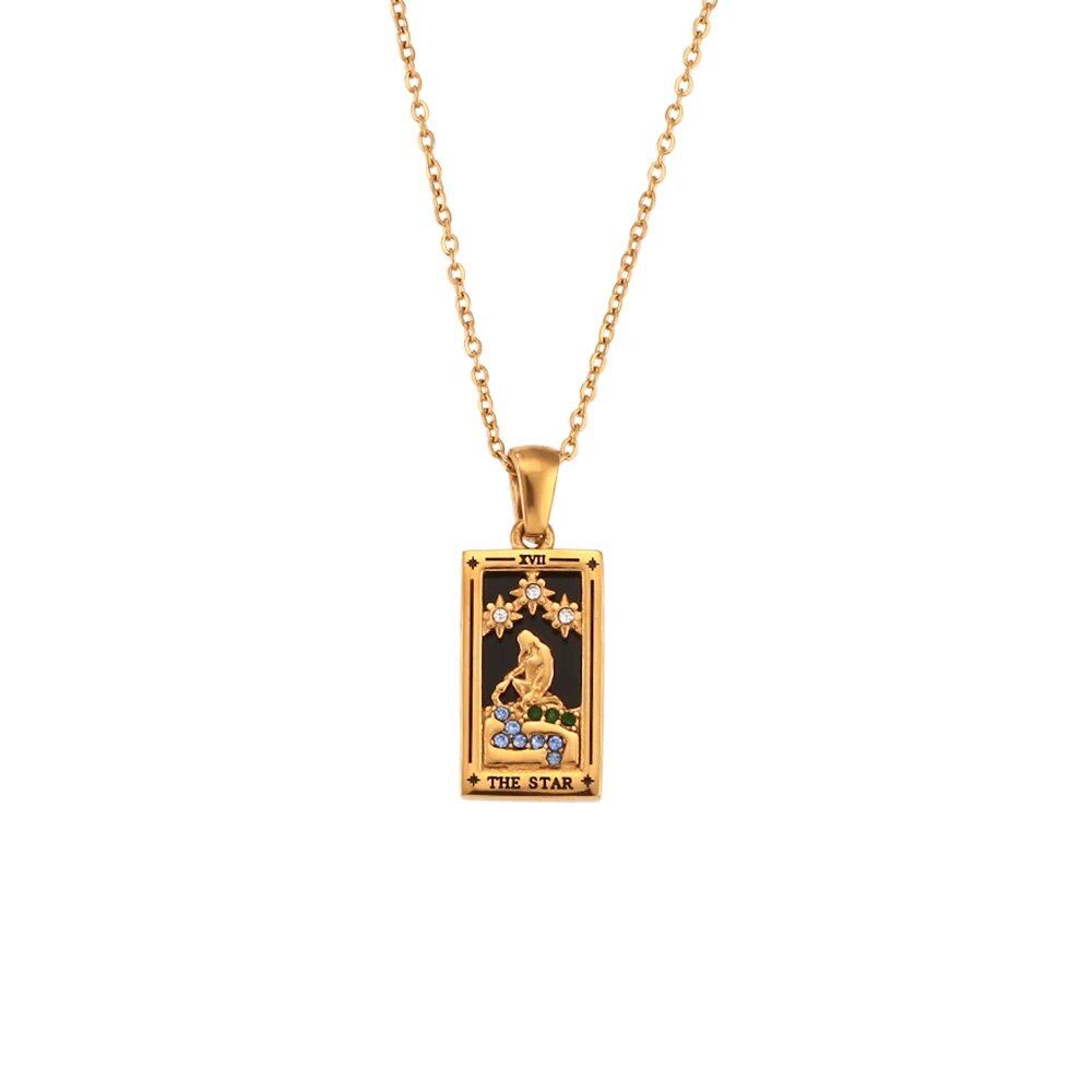 2022 Color-Resistant Colorful Tarot Necklace with Zircon Star, Moon, Sun, Lovers, Magician, Knight, and Empress Pendants for Women, 40cm Long; Metal Color: Parallel Import