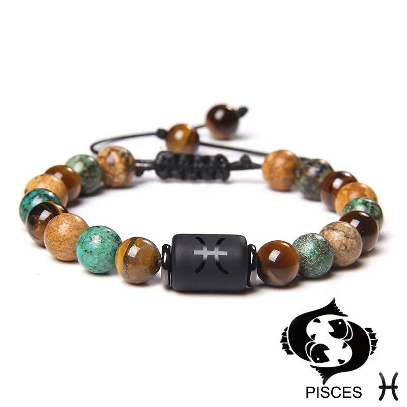 12 Zodiac Signs Bracelet, Natural Turquoise and Tiger Eye Stones, Braided Bracelet, Jewelry for Women and Men, Couples Gift, Adjustable Length; Metal Color: Parallel Import