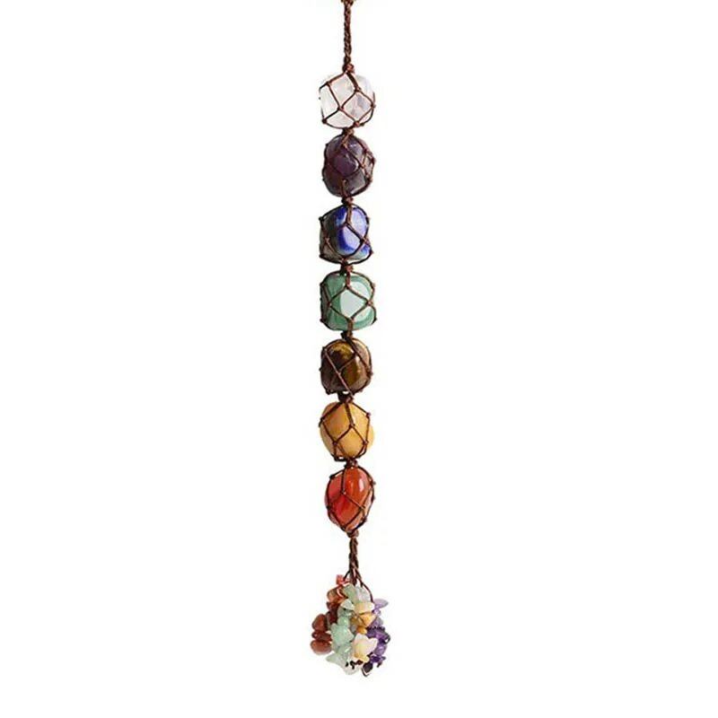 7 Chakra Natural Stone Handmade Hanging Ornament with Colorful Crystal Tassels, Yoga Meditation Pendant for Wall, Window, Car, and Interior Decoration (Parallel Import)