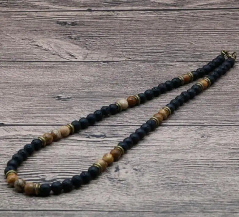 Classic Chakra Necklace for Men, Natural Lava Stone Color, Tribal Spiritual Collier, Punk Short Choker, Boyfriend Gift, Metal Color: Style, Parallel Import