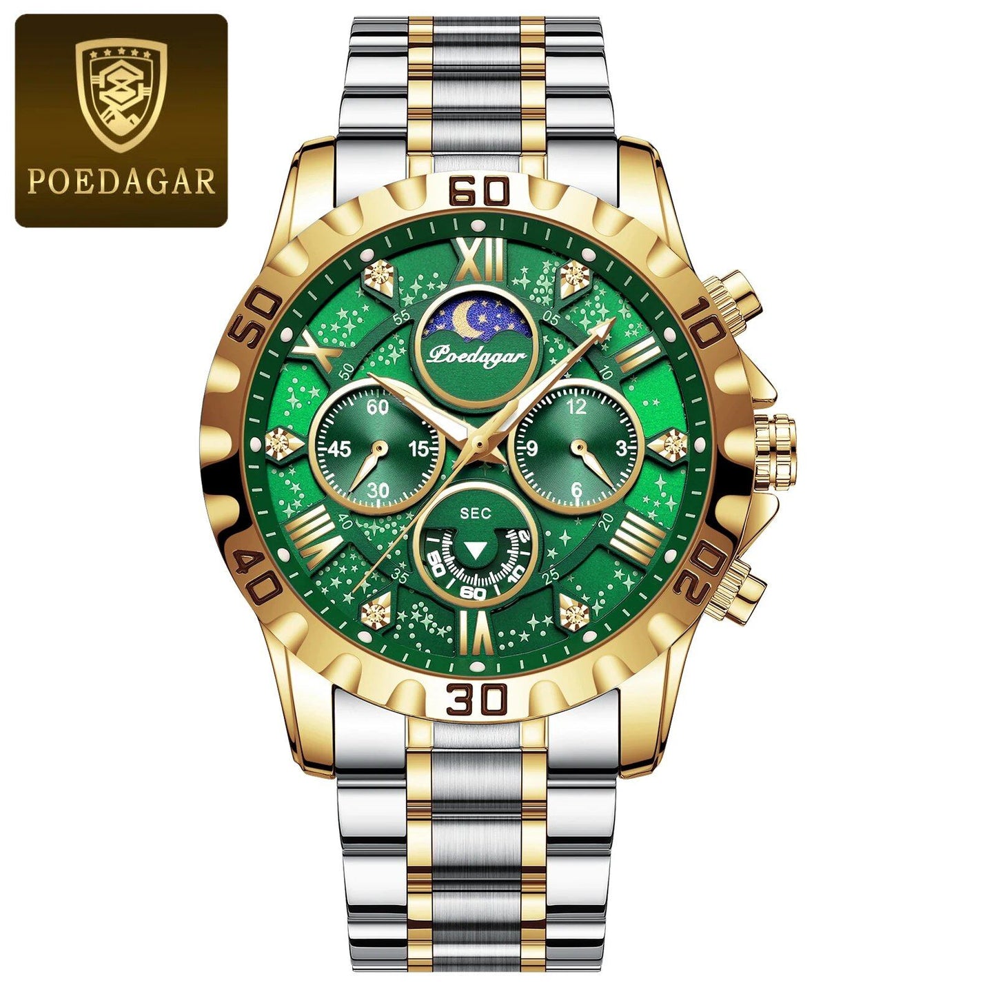 POEDAGAR Luxury Men's Military Sport Quartz Watch with Luminous Chronograph, Stainless Steel, Color: 973, Imported