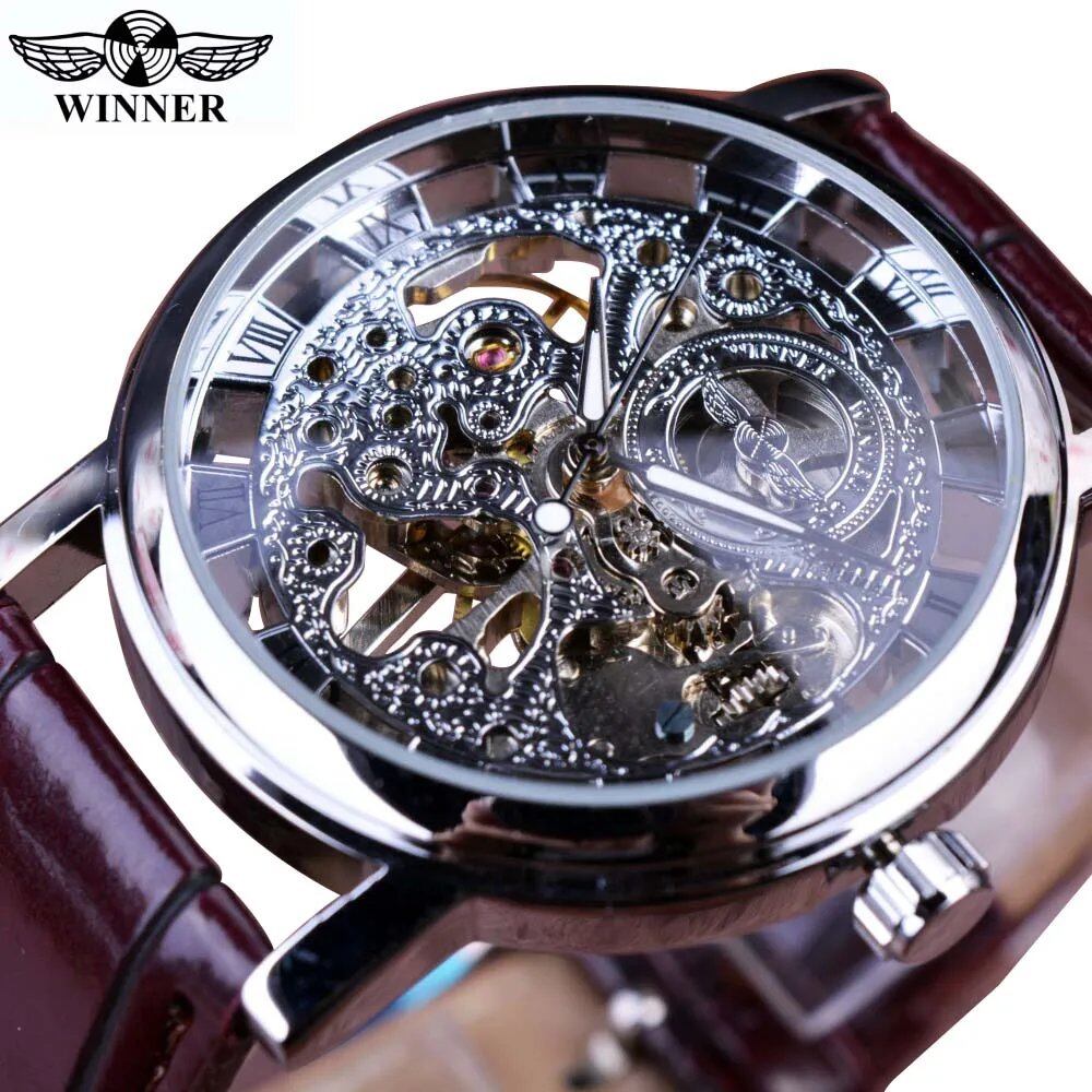 Winner Transparent Design Fashion Case Luxury Casual Leather Strap Men's Watch Top Brand Luxury Mechanical Skeleton Wristwatch Parallel Import