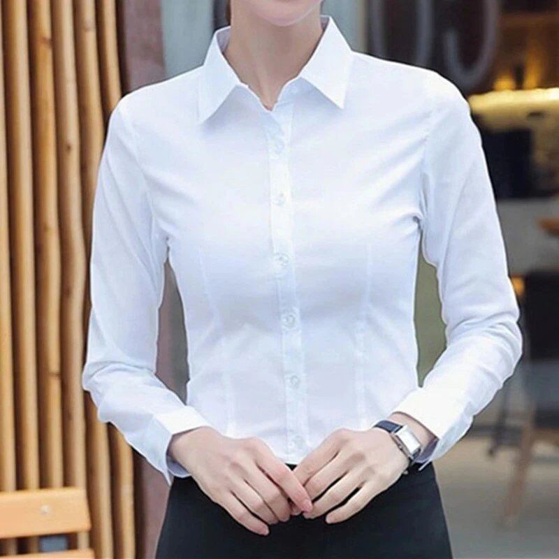 Elegant women's white shirt, long sleeve blouse, pink button-down shirt, solid color, work blouse top, size: Parallel import