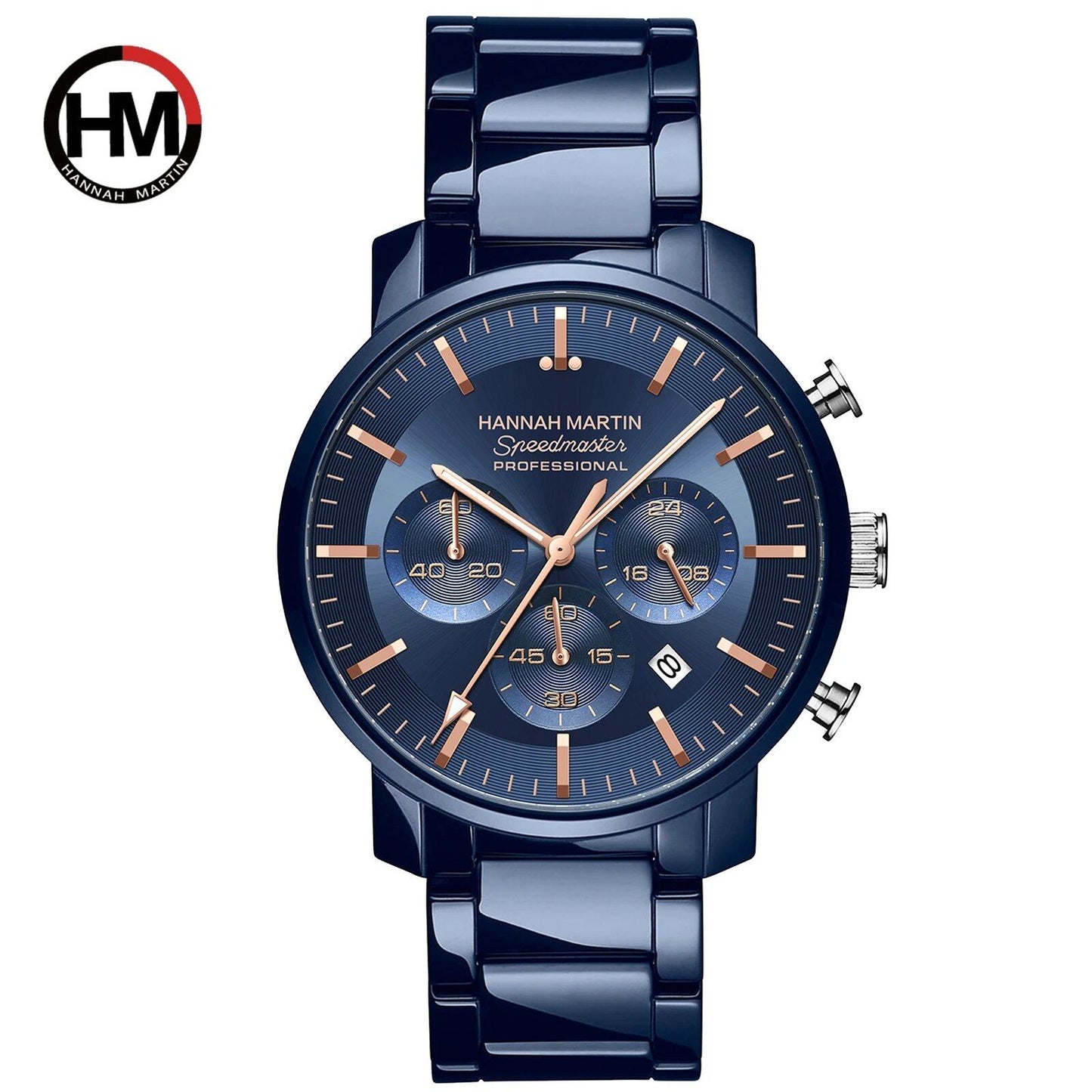 New Hannah Martin Multi-Function Watch, 46mm Blue & Silver Stainless Steel, Casual Quartz Watch, Free Shipping, Color: 113, Parallel Import