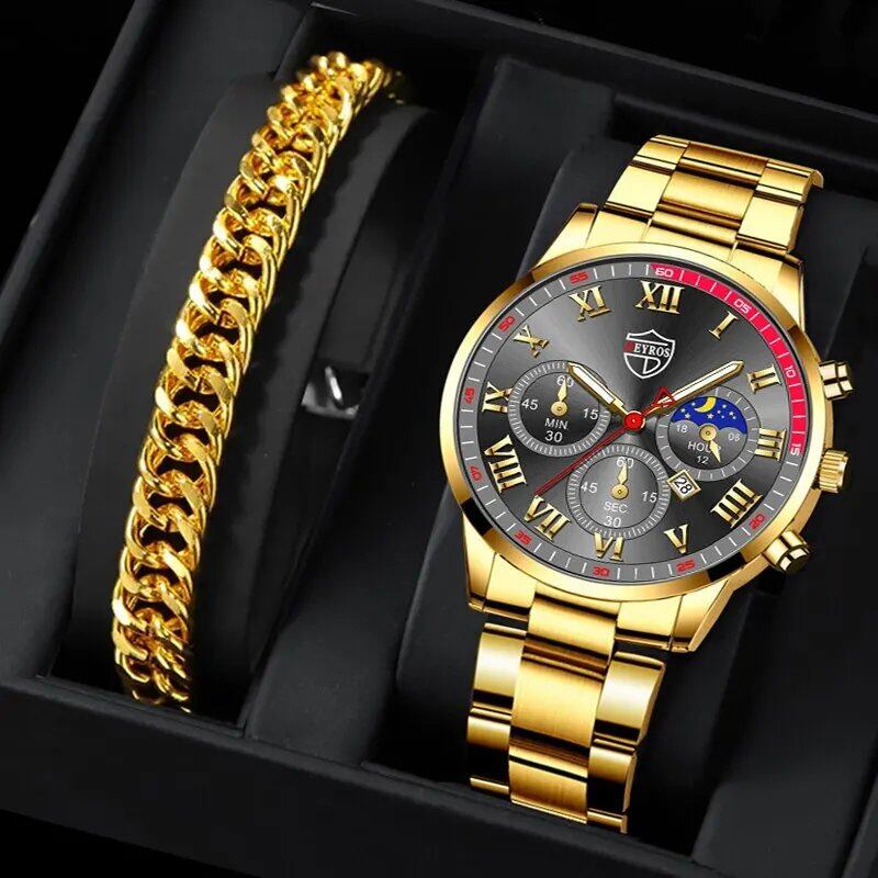 Set of 2 Men's Luxury Stainless Steel Quartz Watches with Calendar, Light-Up Chronograph Bracelet Watches, Black, Parallel Import