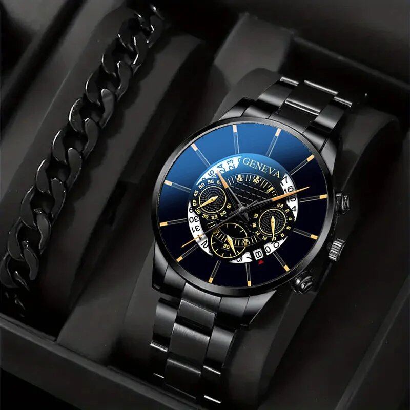 Set of 2 Men's Casual, Business, and Sports Stainless Steel Quartz Wristwatches with Calendar and Classic Bracelet Set, Luminous Watches, Imported