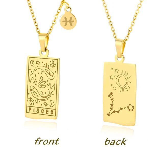 Stainless Steel 12 Zodiac Sign Necklace for Women, Zodiac Pendant, Gold Plated Square Clavicle Chain, Birthday Jewelry, Metal Color: Parallel Import