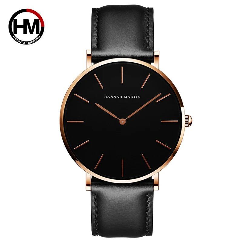 High-quality rose gold dial leather waterproof watch for men and women, dress fashion, Japanese quartz movement, color C, parallel import
