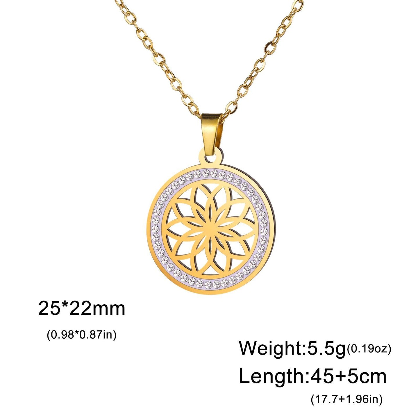 Skyrim Flower Seed of Life Necklace for Women, Stainless Steel with Clear Zircon Round Pendant, Sacred Geometry Spiritual Amulet Jewelry, Length: 45-50cm; Metal Color, Parallel Import