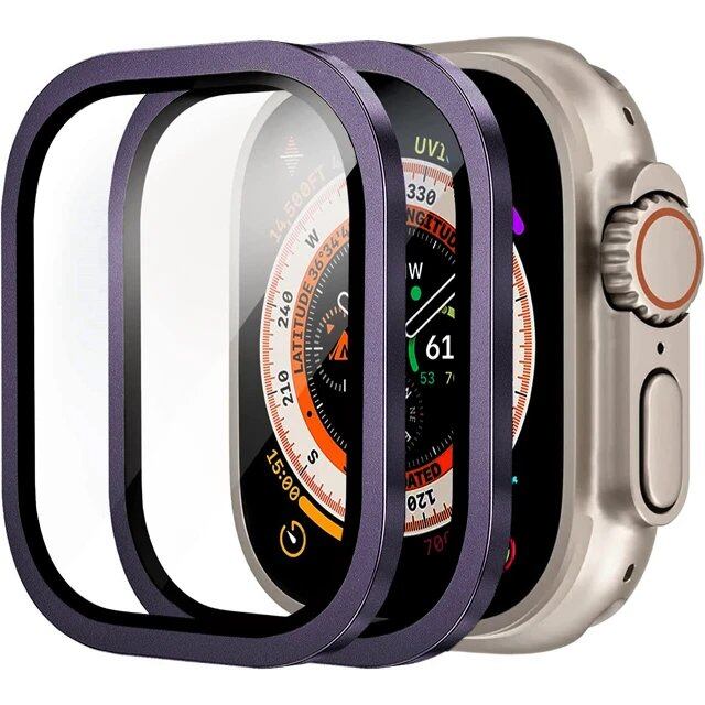 Apple Watch Ultra 49mm / Ultra 2用 ガラス全面保護フィルム 2枚セット メタルフレーム+強化ガラス カラー:;ダイアル直径:ウルトラ1 2 49mm 2個 並行輸入品