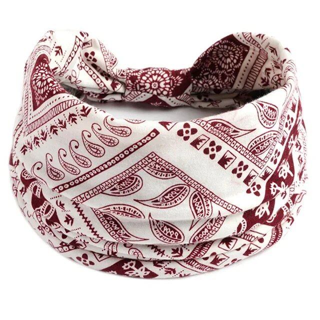 New Boho Floral Print Wide Headband with Vintage Knot Elastic Turban Headwrap for Women and Girls, Cotton Soft Bandana Hair Accessory, Parallel Import