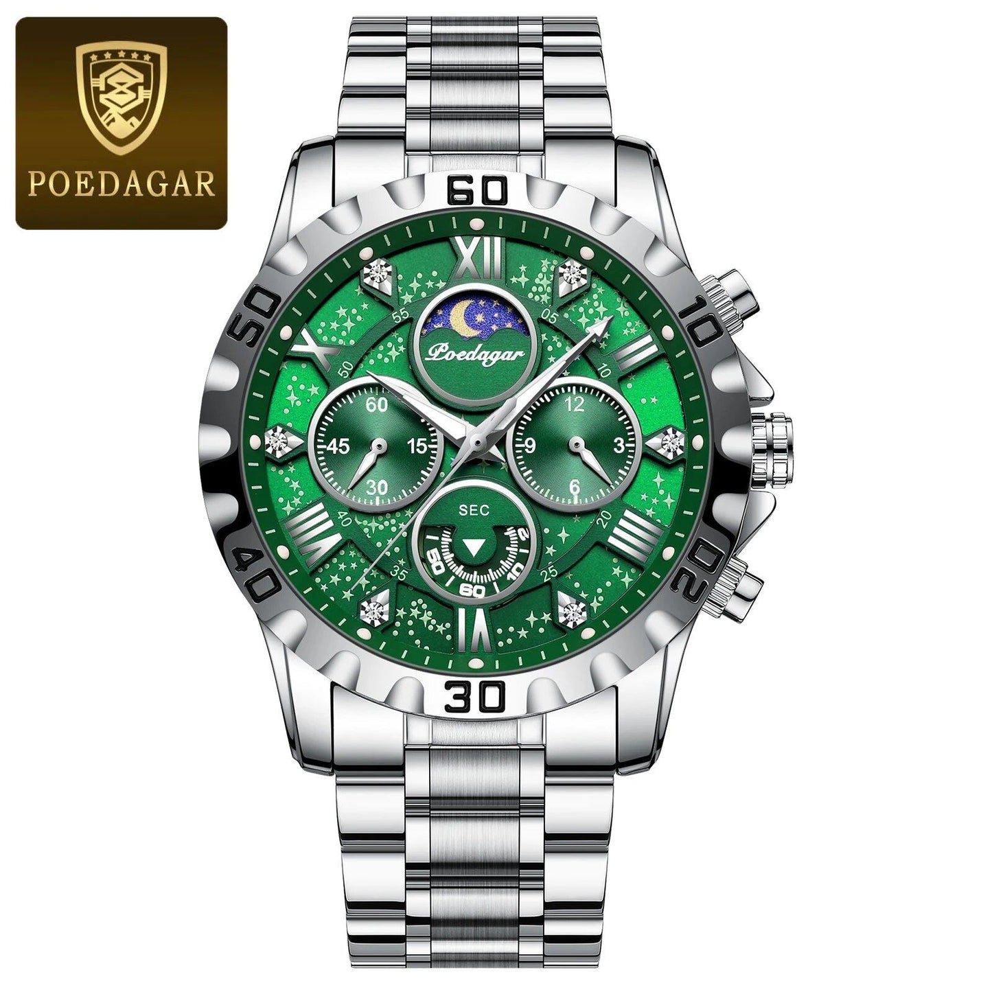 POEDAGAR Luxury Men's Military Sport Quartz Watch with Luminous Chronograph, Stainless Steel, Color: 973, Imported