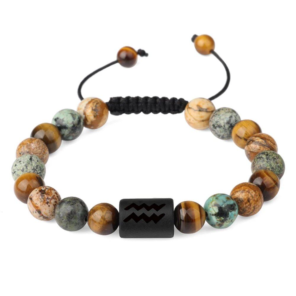 12 Zodiac Sign Beaded Bracelet, Natural Tiger Eye Stone, Zodiac Sign Bracelet for Men and Women, Charm Jewelry, Gift, Metal Color: Parallel Import