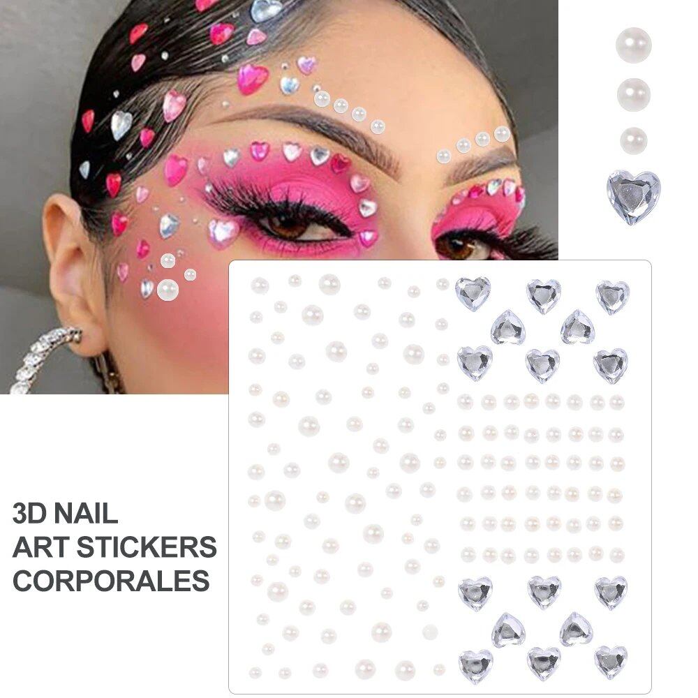 1/5/8-Piece 3D Face and Eye Tattoo Stickers for Party Makeup, Diamond Rhinestone Stickers, Self-Adhesive Mixed Crystal Face Decoration Stickers, Parallel Import