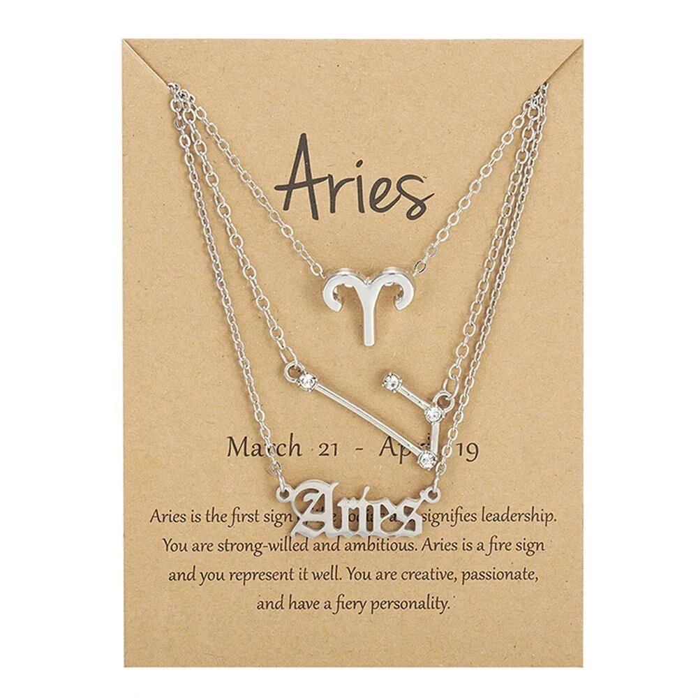 Set of 3 Women's 12 Zodiac Sign Necklaces with Pendant Chains, Chokers, Birthday Jewelry, Cardboard Cards, 45cm Long; Metal Color: 6252, Parallel Import