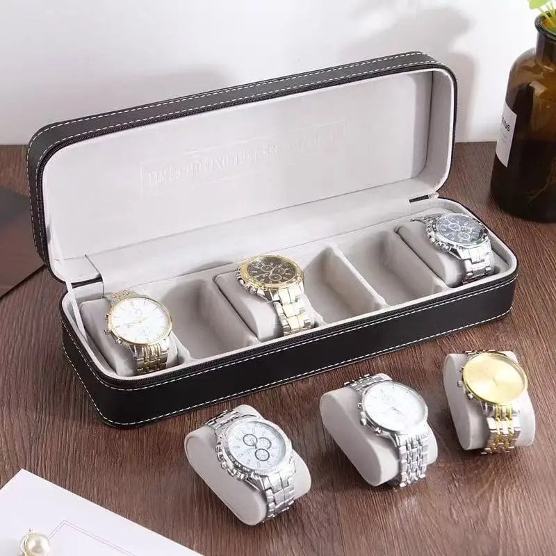 Brand new 6/8-drawer portable leather watch box with zipper, lightweight men's watch case, and jewelry storage. Color: JT-1. Imported.