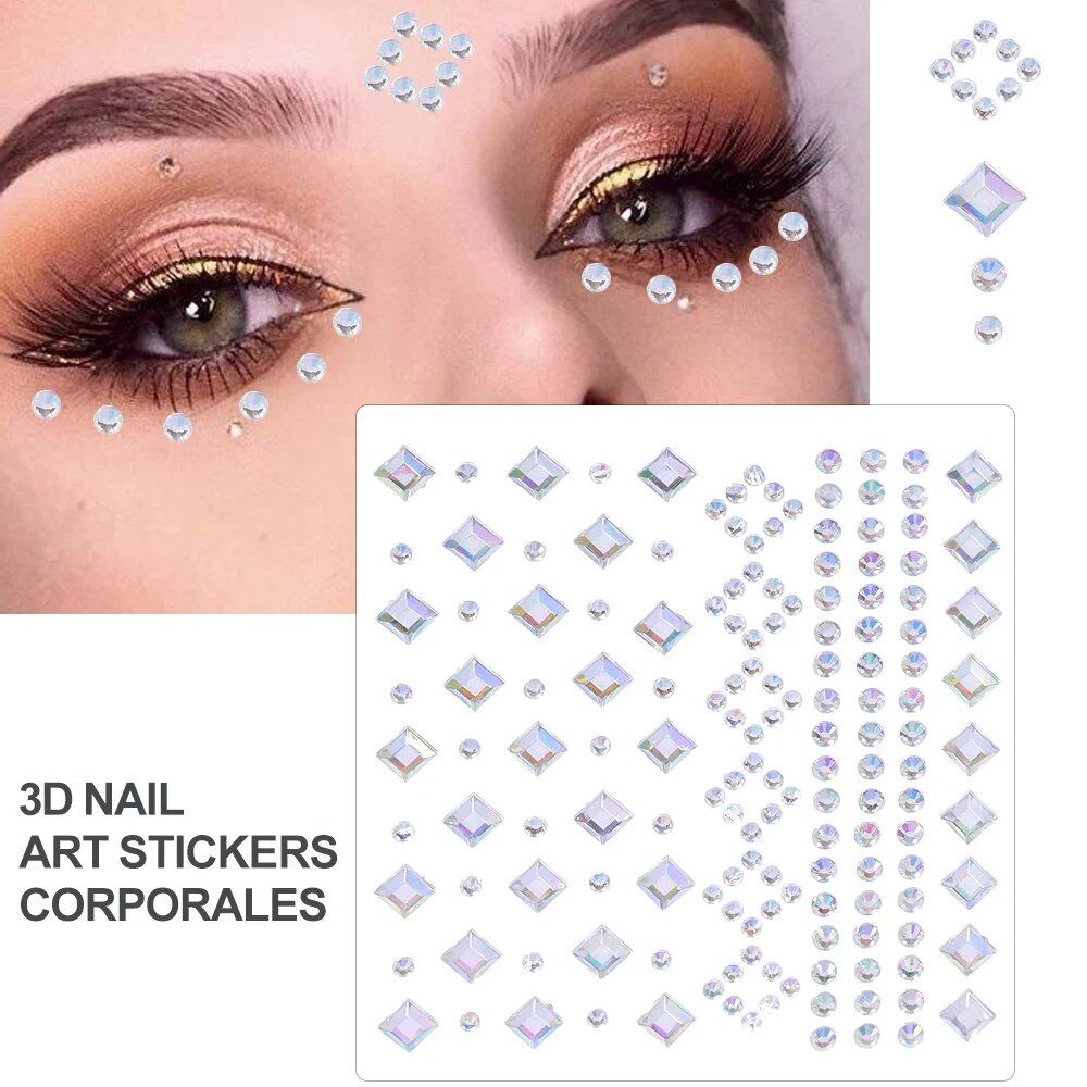 1/5/8-Piece 3D Face and Eye Tattoo Stickers for Party Makeup, Diamond Rhinestone Stickers, Self-Adhesive Mixed Crystal Face Decoration Stickers, Parallel Import