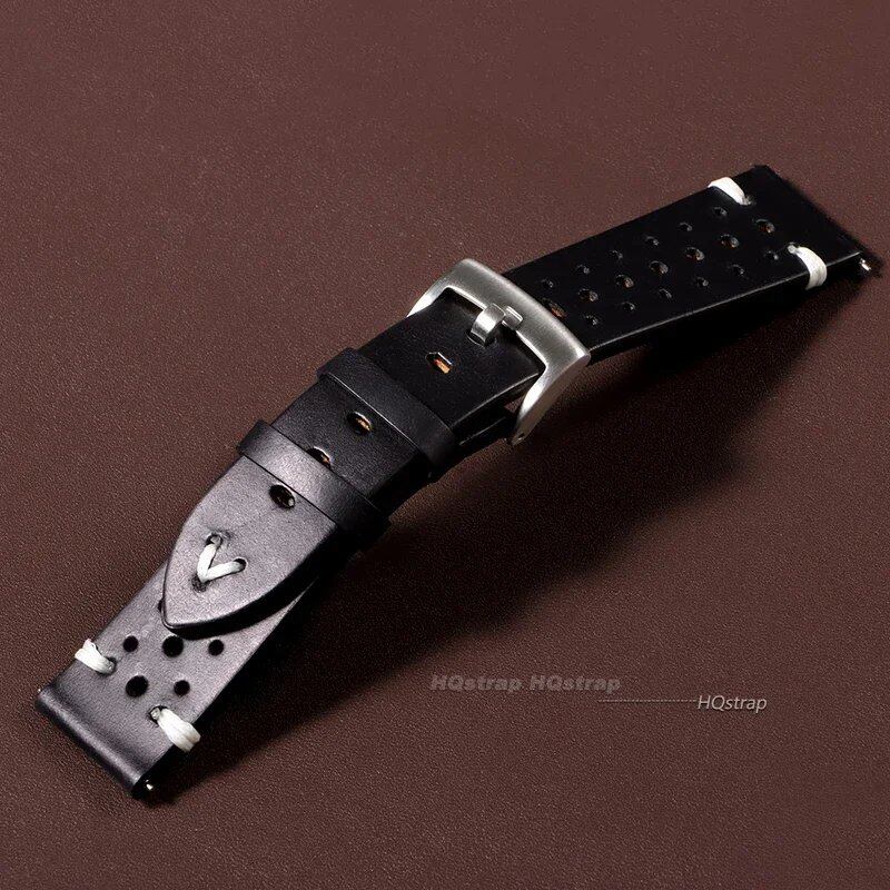 Handmade Genuine Leather Watch Band, Brown/Black, 20mm/22mm, Soft, Men's Vintage Bracelet, Oil-Waxed, Cowhide Leather, Band Color: mm, Parallel Import