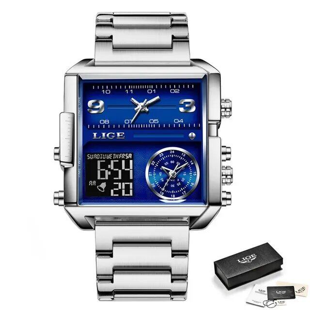 LIGE Luxury Original Men's Sports Wristwatch, Gold Quartz Movement, Stainless Steel, Waterproof, Dual Display, Clock, Relogio Masculino, Parallel Import