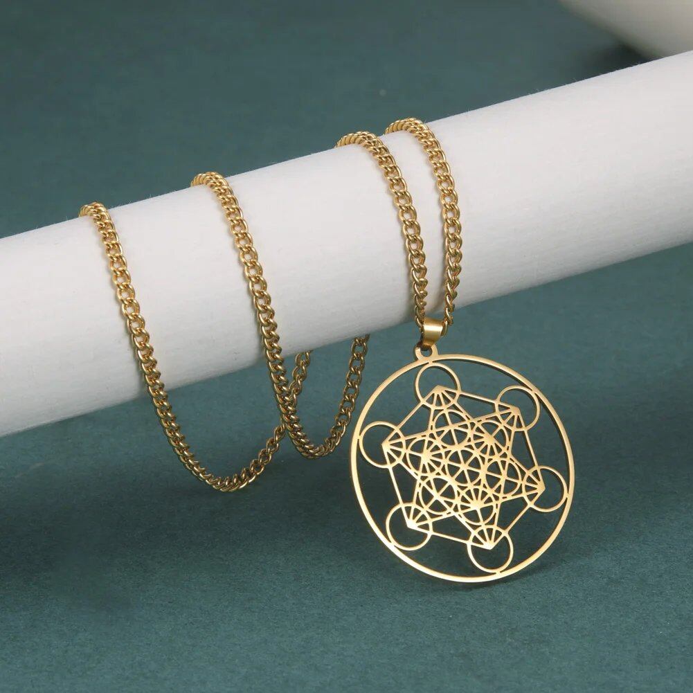 "Skyrim Angel Seal Archangel Metatron Cube Necklace, Stainless Steel, Unisex, Sacred Geometry Amulet, Religious and Spiritual Jewelry" Metal Color: Parallel Import