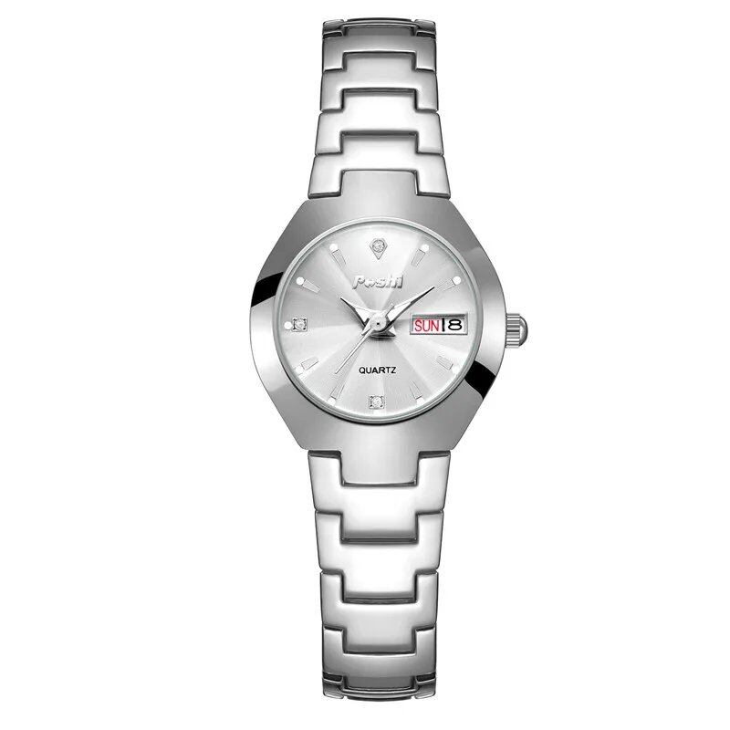 Swiss Brand POSHI Women's Stainless Steel Watch, Simple Design, Waterproof, Luminous, Date and Day Display, Quartz Movement, Elegant Bracelet, Gift-Ready, Parallel Import