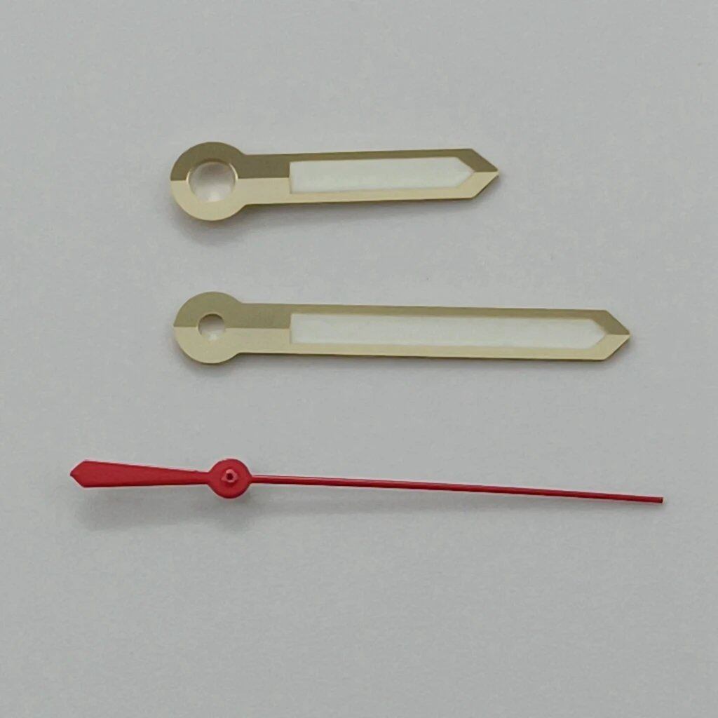 High-quality silver gun gold and rose gold watch hands with luminous finishes. Compatible with NH35, NH36, NH38, NH70, NH72, 7S26, 7S36, 4R35, and 4R36 movements. Parallel import.