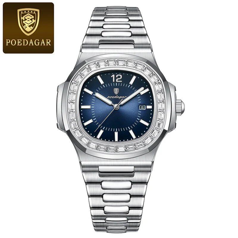 POEDAGAR Stainless Steel Men's Watch, Waterproof, Business Style, with Calendar, Quartz Movement, Luxury Laminated Square Design, Parallel Import