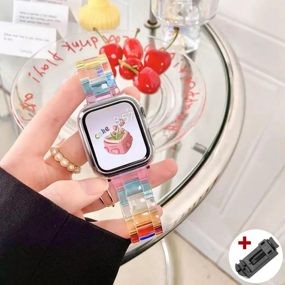 Rainbow Resin Transparent Band for Apple Watch Ultra 2 (49mm, 10, 46mm, 7, 8, 9, 41, 45mm, 38, 40, 42, 44mm) - iWatch SE, 6, 5 Strap. Band Color: ; Ships from: Parallel Import