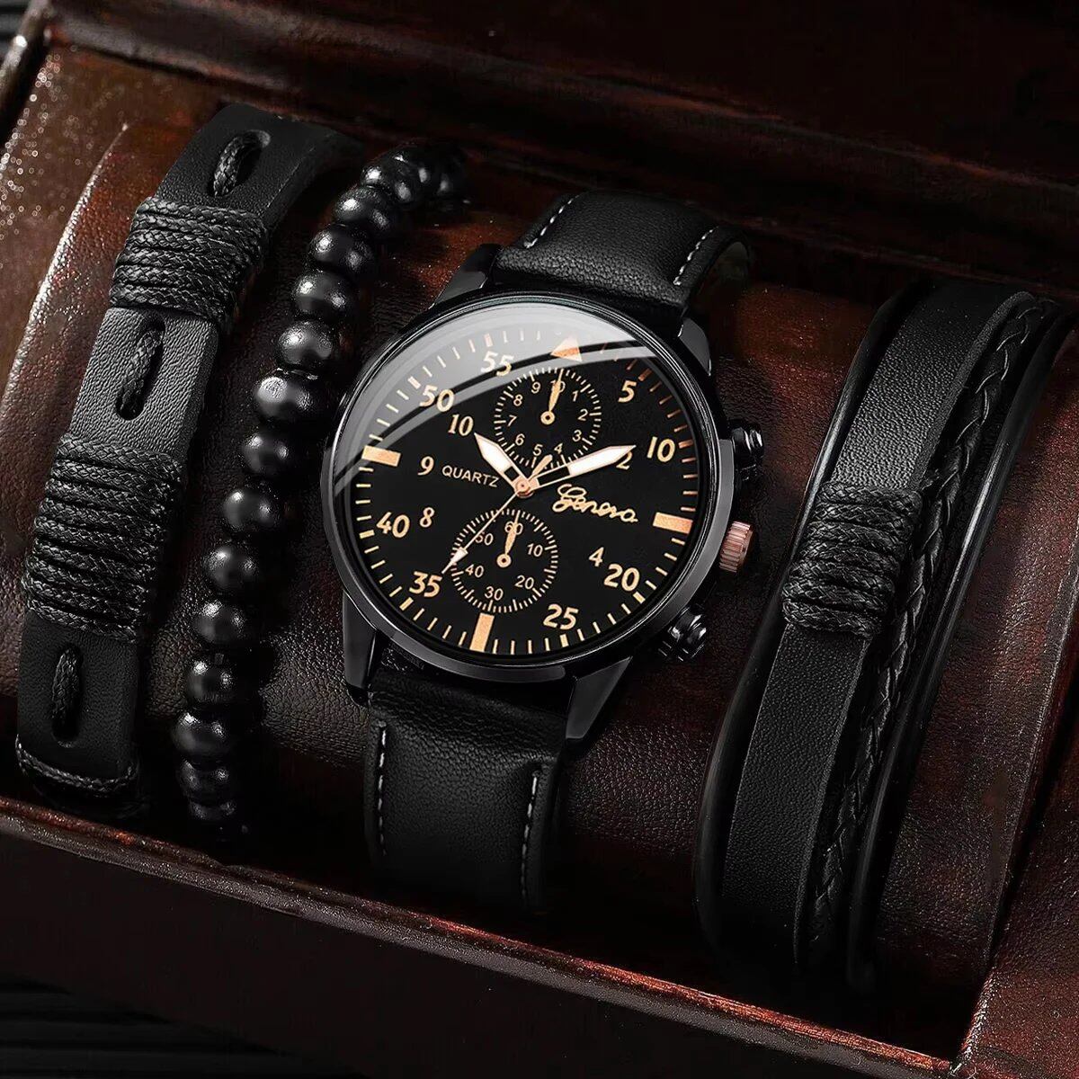 Set of 4 Men's Business Watches with Stylish Leather Straps and Analog Quartz Movement, Braided Bracelets (No Box) Color: Set of 4 (No Box) Parallel Import