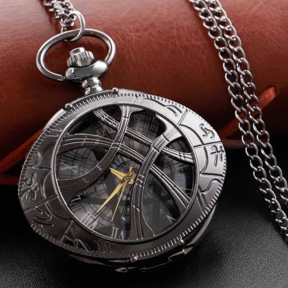 Vintage Bronze Eye-Round Case Quartz Pocket Watch with Pendant Necklace Chain, Gift for Men and Women, Parallel Import