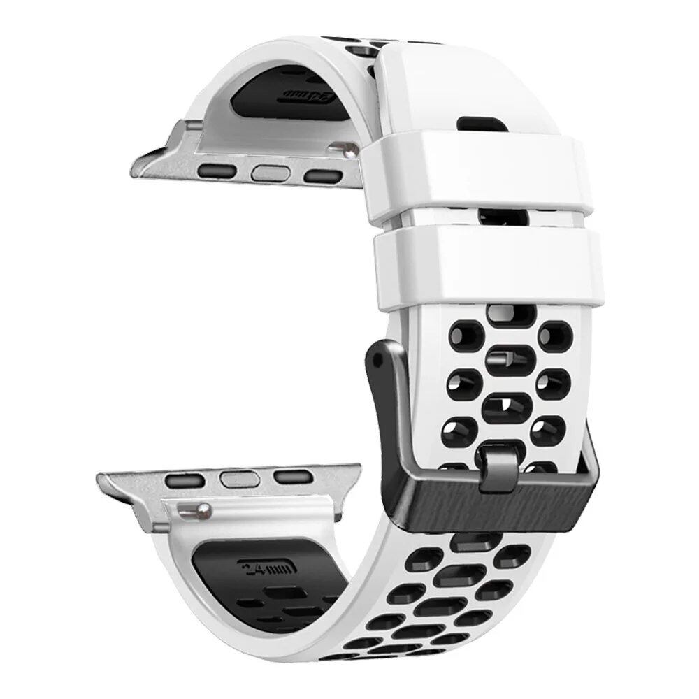 Breathable silicone wristband for Apple Watch Ultra 2 (49mm) / Series 9, 8, 7, SE, and 6 (45mm, 44mm, 42mm). Band Colors: 49mm, 45mm, 44mm, 42mm. Parallel import.