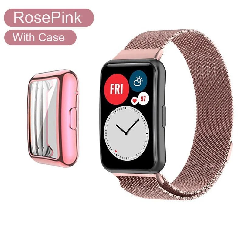 Huawei Watch Fit Metal Band Strap with Case and TPU Screen Protector, Compatible with Huawei Watch Fit 2, Milanese Bracelet, Magnetic Loop Watch Band, Band Color: Parallel Import