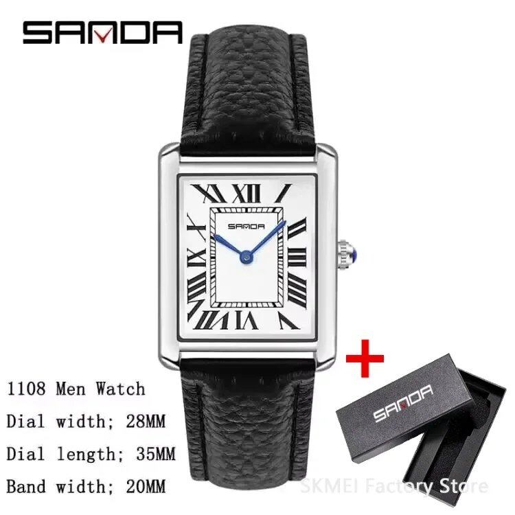 SANDA 1108 Square Dial Waterproof Sport Casual Luxury Couple Watch for Men and Women, Scratch-Resistant Leather Quartz Movement, 9031 Color: Cannot be customized, Parallel Import