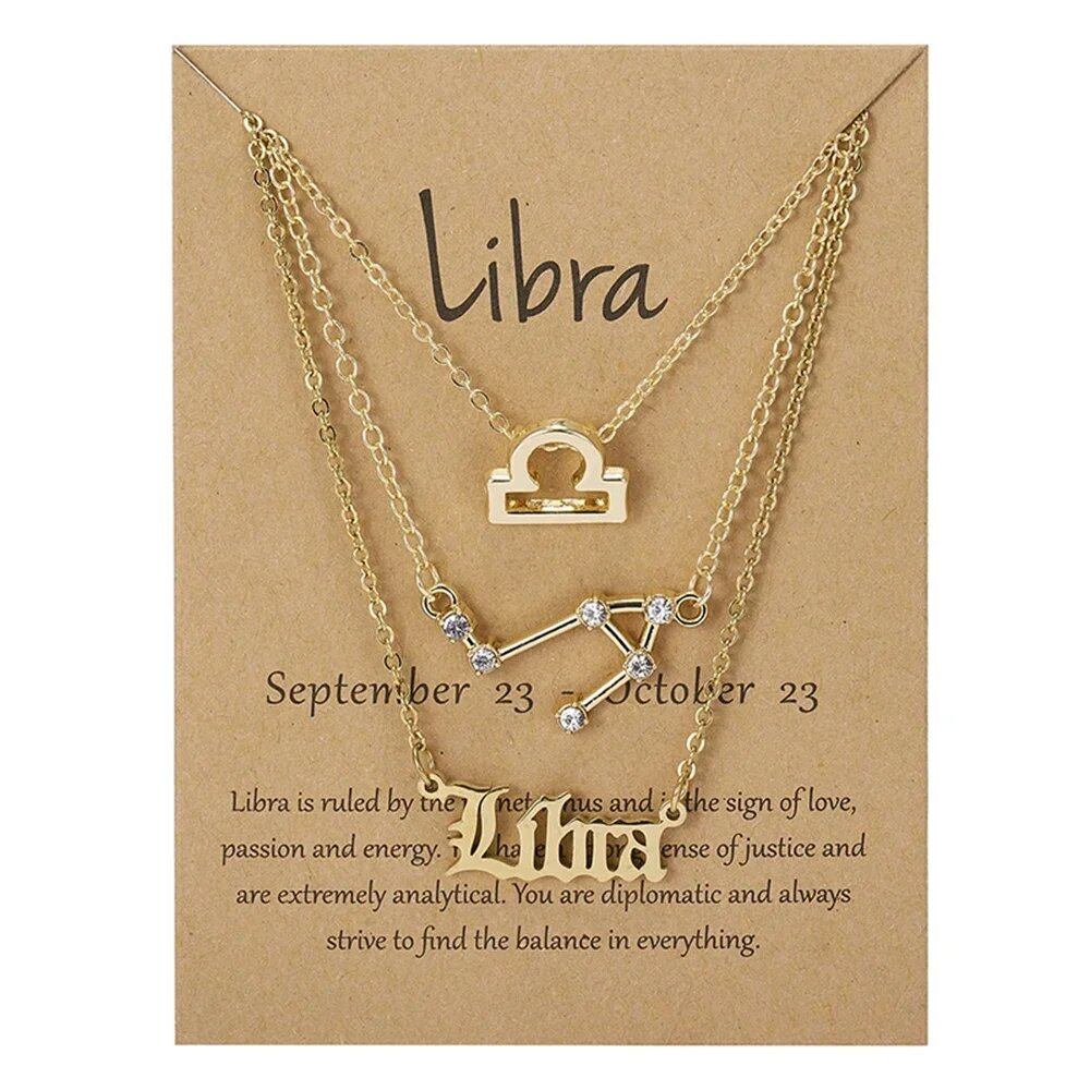 Set of 3 Women's 12 Zodiac Sign Necklaces with Pendant Chains, Chokers, Birthday Jewelry, Cardboard Cards, 45cm Long; Metal Color: 6252, Parallel Import