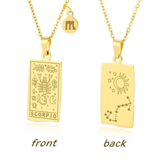 Stainless Steel 12 Zodiac Sign Necklace for Women, Zodiac Pendant, Gold Plated Square Clavicle Chain, Birthday Jewelry, Metal Color: Parallel Import