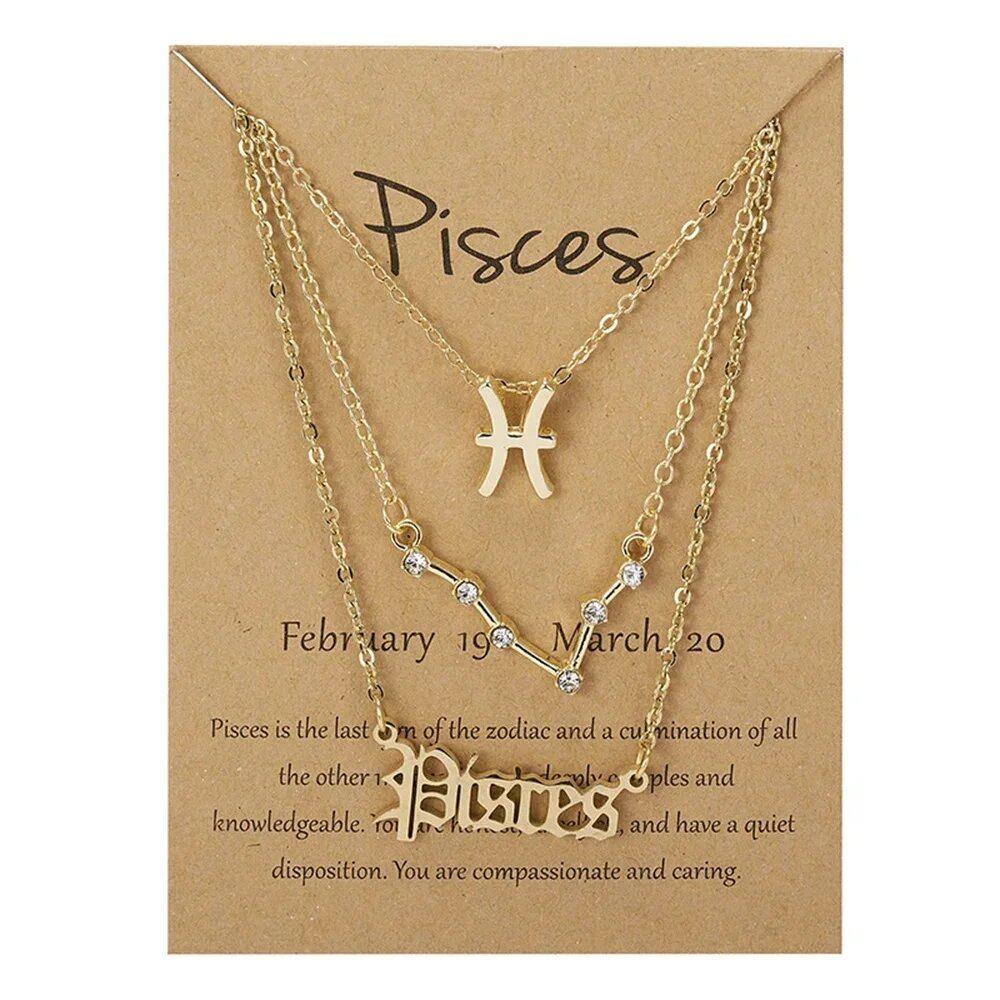Set of 3 Women's 12 Zodiac Sign Necklaces with Pendant Chains, Chokers, Birthday Jewelry, Cardboard Cards, 45cm Long; Metal Color: 6252, Parallel Import