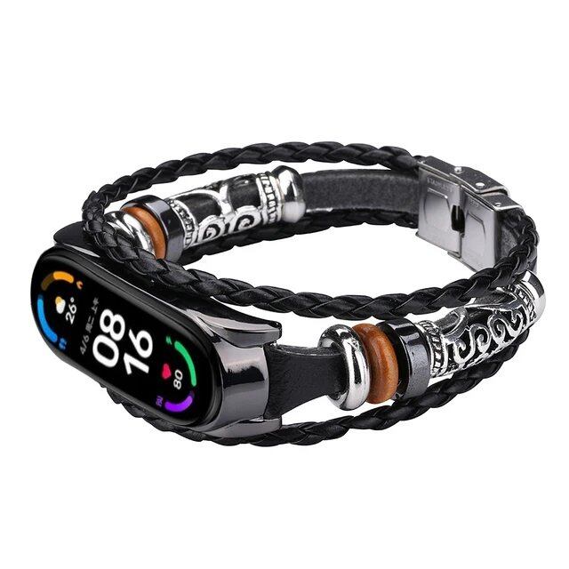 Leather Watch Band for Xiaomi Mi Band 6, 5, 4, 3, Ethnic Retro Style Smart Band, Fashion Accessory, Band Color: Parallel Import