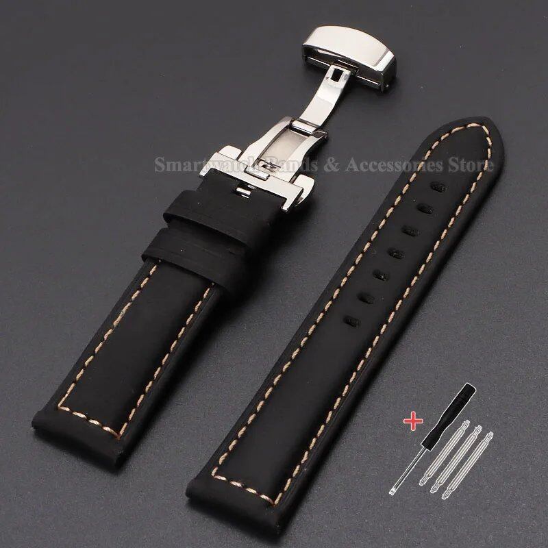 Vintage-style calf leather strap for Panerai and Seiko watches in sizes 20mm, 22mm, 24mm, and 26mm. Features a metal butterfly clasp. Band color: mm. Parallel import.