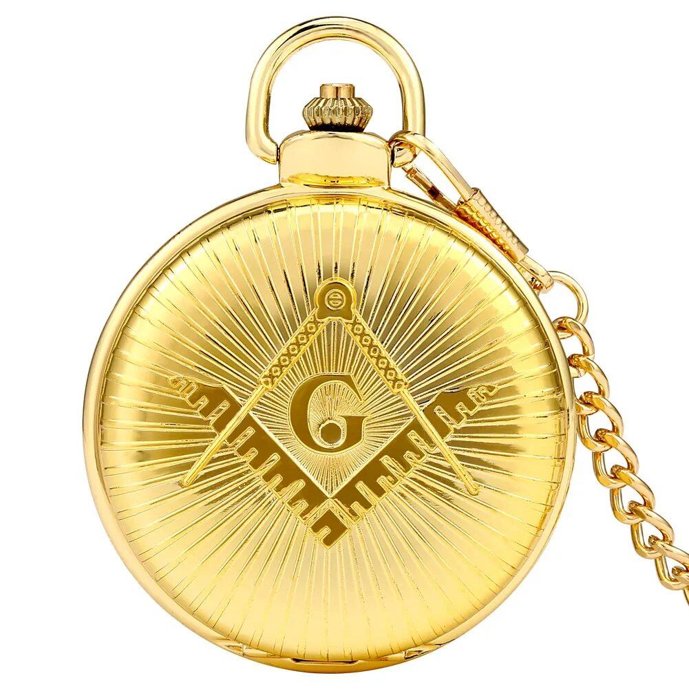 Steampunk Bronze/Gold Masonic Symbol Quartz Pocket Watch with Fob Chain Pendant, Luxury Antique Pocket Watch, Gift, Color: Parallel Import