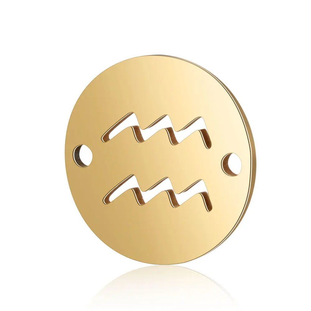 Set of 10 12mm Gold-Colored Round Zodiac Charms, 12 Zodiac Signs, 2-Hole DIY Bracelet Chain Connectors, Metal Color, Parallel Import