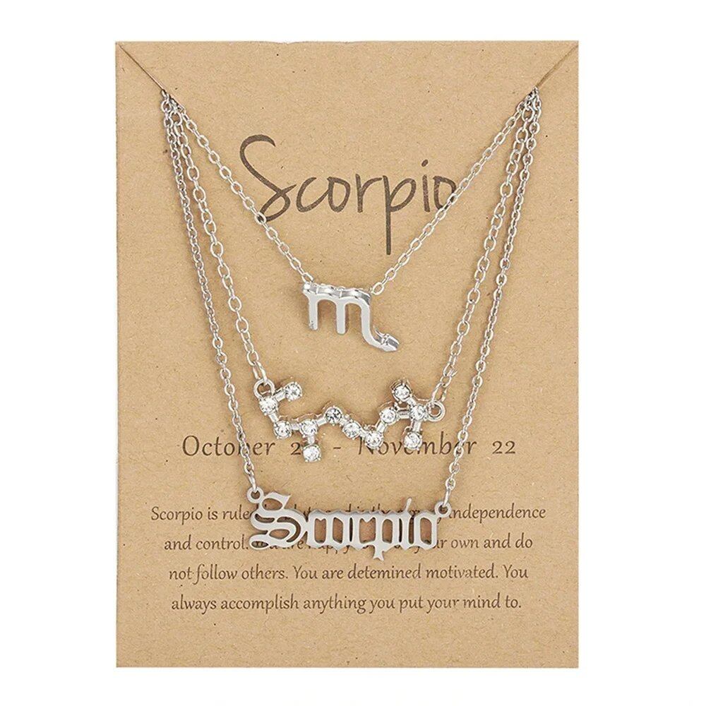 Set of 3 Women's 12 Zodiac Sign Necklaces with Pendant Chains, Chokers, Birthday Jewelry, Cardboard Cards, 45cm Long; Metal Color: 6252, Parallel Import