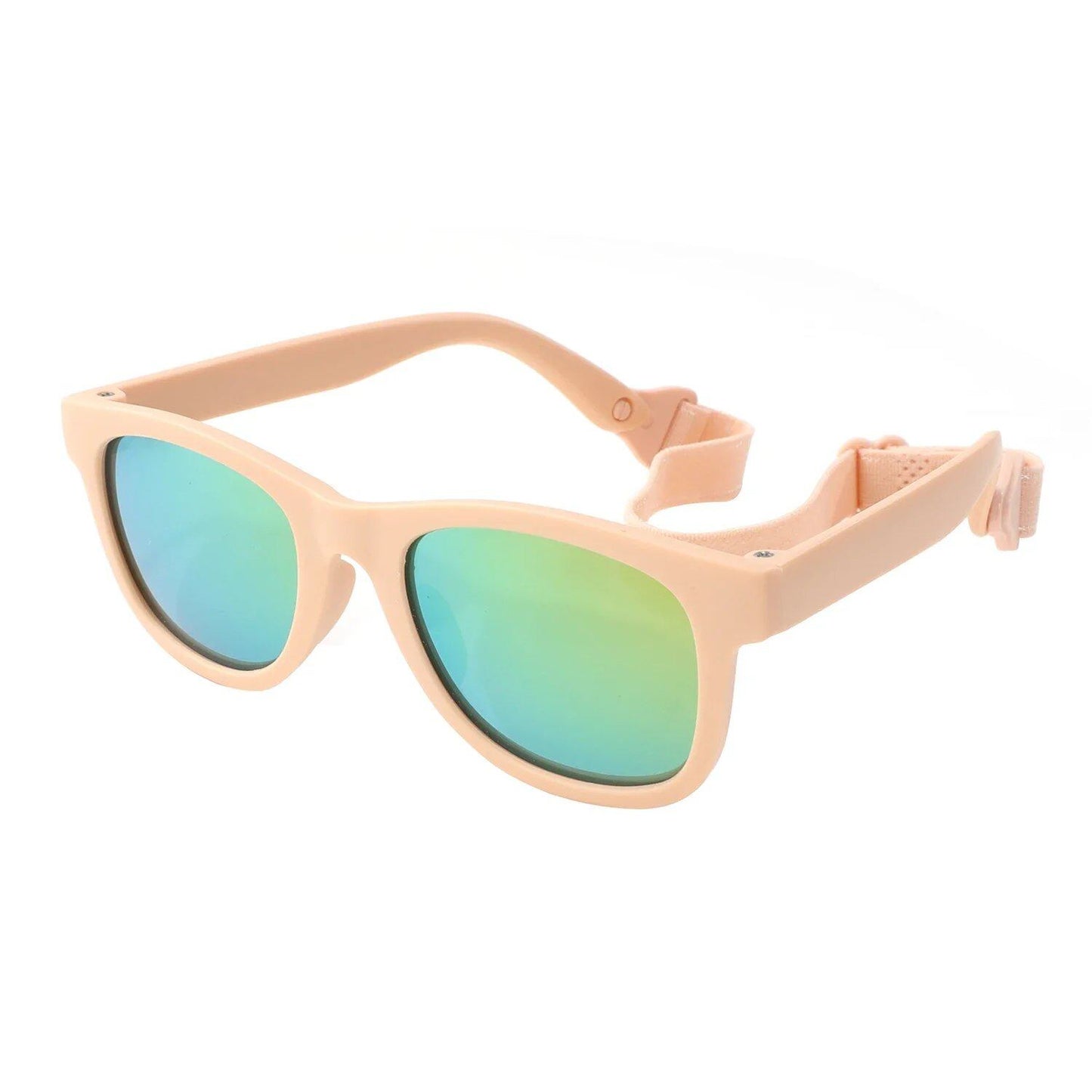 Flexible, polarized sunglasses for newborns (0-24 months) with straps, square silicone frame, mirrored finish, UV400 protection. Frame color: 0-24 months; Lens color: None. Parallel import.