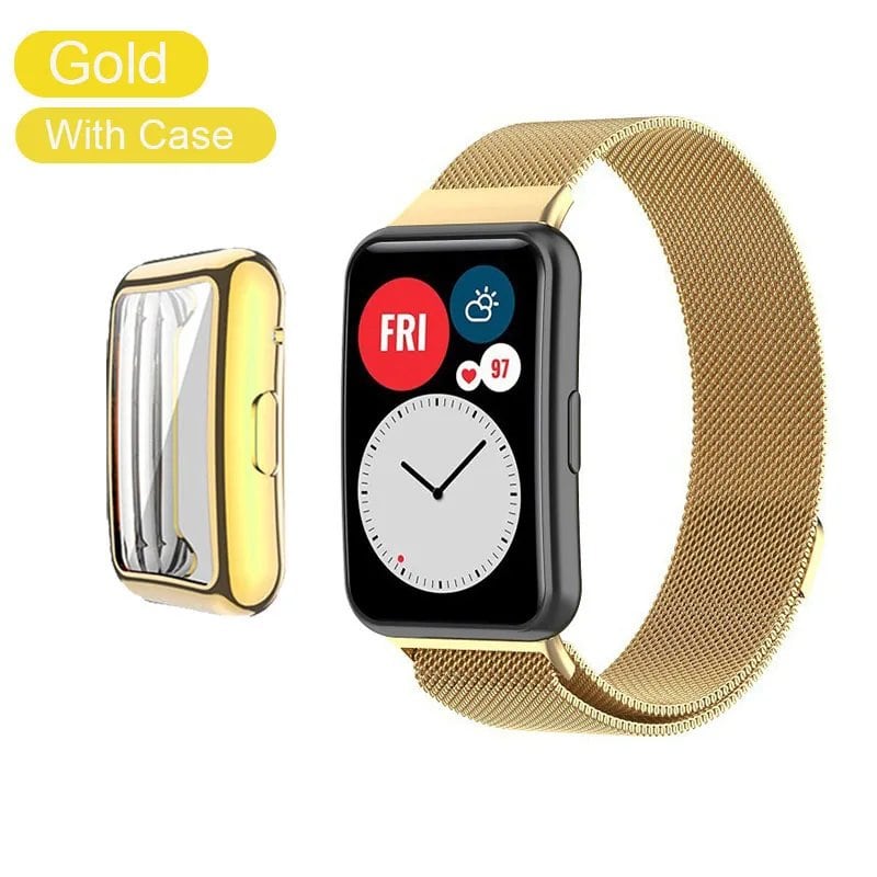 Huawei Watch Fit Metal Band Strap with Case and TPU Screen Protector, Compatible with Huawei Watch Fit 2, Milanese Bracelet, Magnetic Loop Watch Band, Band Color: Parallel Import
