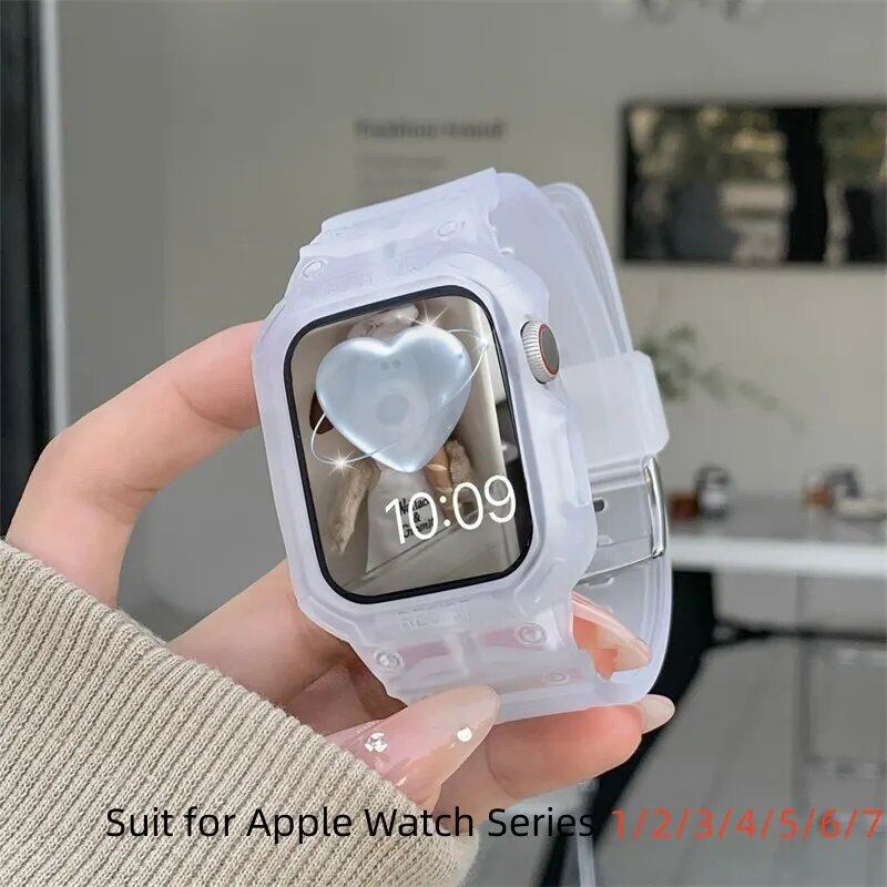 Clear Silicone Band + Case for Apple Watch 7/6/SE/5/4/3/2/1, Sport Strap, 38mm, 40mm, 42mm, 44mm, 45mm, Compatible with iWatch, Parallel Import
