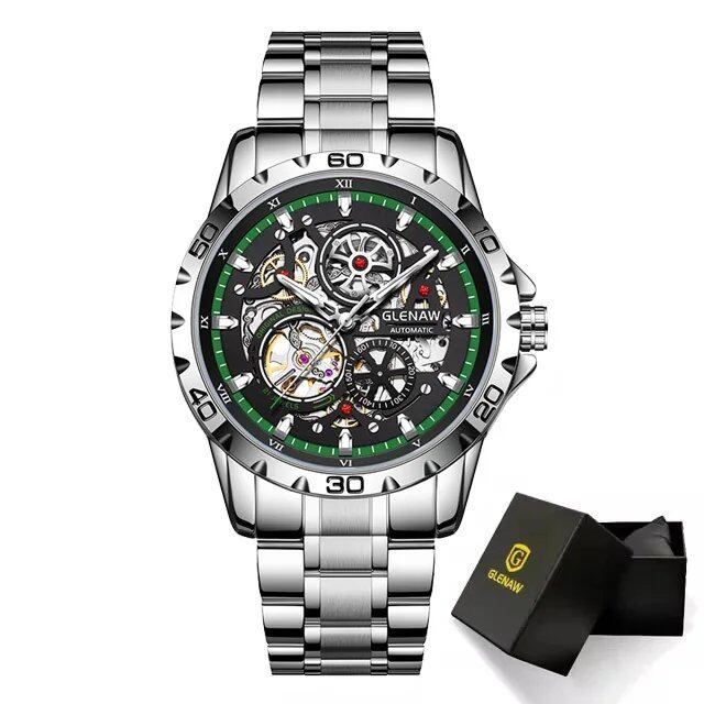 Grenau Steampunk Skeleton Men's Watch with Ring, Luxury Automatic Mechanical Watch, Luminous and Waterproof, Stainless Steel Strap, Parallel Import