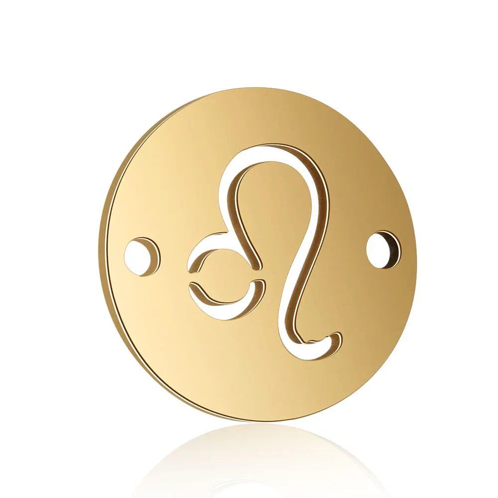Set of 10 12mm Gold-Colored Round Zodiac Charms, 12 Zodiac Signs, 2-Hole DIY Bracelet Chain Connectors, Metal Color, Parallel Import