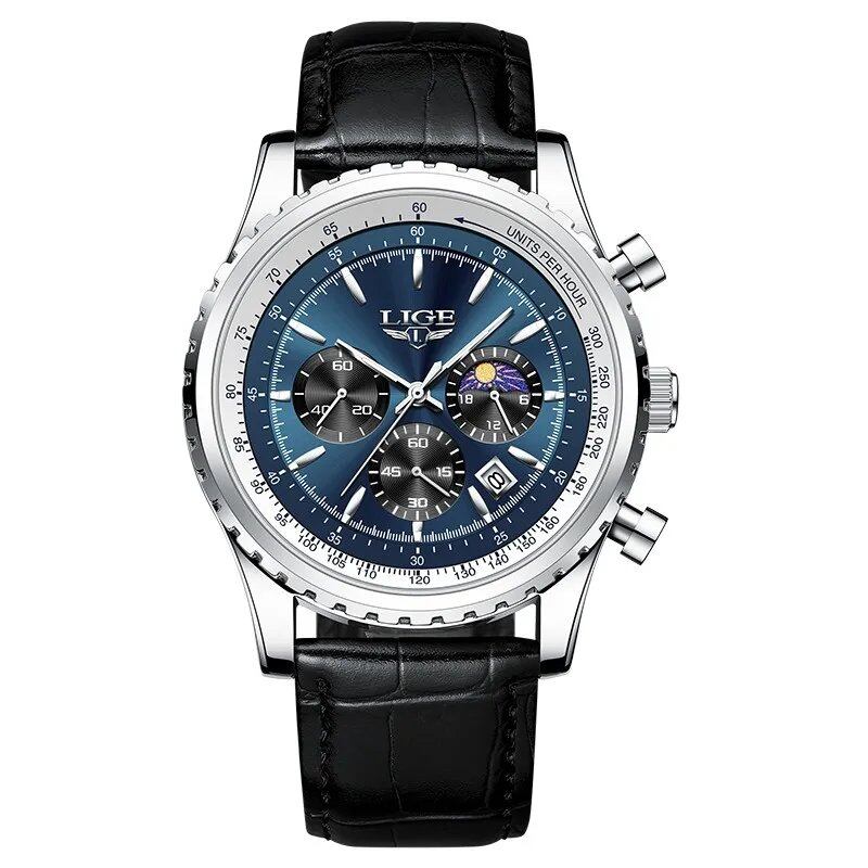 LIGE New Men's Watch, Luxury Leather Quartz Movement, Waterproof Sport Watch, Gift Box Included, Parallel Import